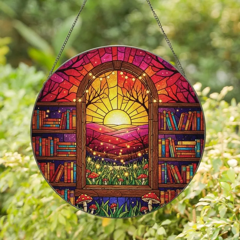Fantasy Art Lovers' Jewel Tone Stained Glass Intricate Sunset Book Nook & Glowing Fireflies Pattern Stained Glass Suncatcher - 1