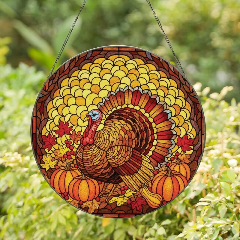 Thanksgiving Celebrators' Intricate Stained Glass Turkey Harvest Mosaic Jewel Tones Stained Glass Suncatcher - 79HBtd8i_h
