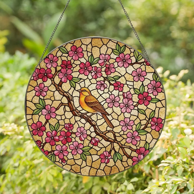 Nature Lovers' Intricate Stained Glass Songbird Cherry Blossom Pink Amber Green Jewel Tone Artwork Stained Glass Suncatcher - 1