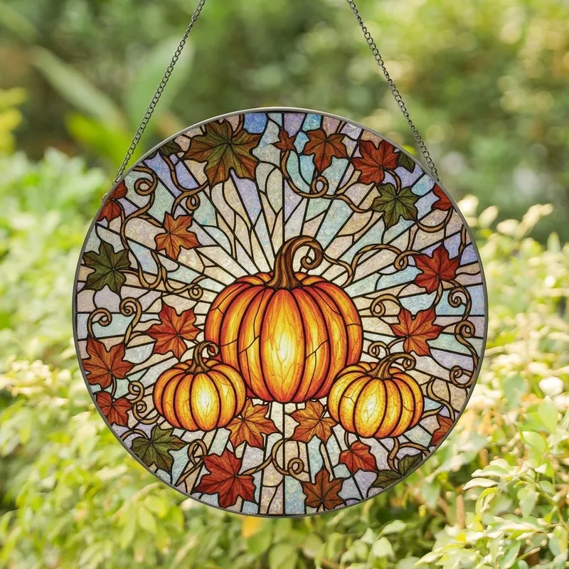 Autumn Lovers' Vibrant Stained Glass Pumpkin Fall Leaves Iridescent Sunburst Mosaic Stained Glass Suncatcher - 1