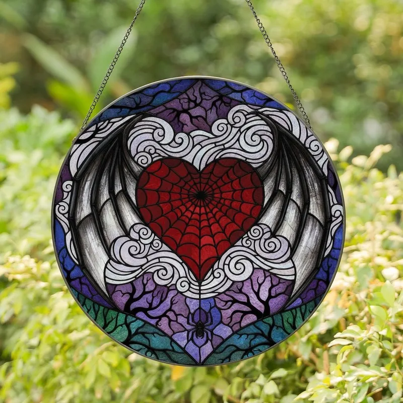 Gothic Art Lovers' Ruby Red Heart Spiderweb Bat Wings Stained Glass Mosaic Stained Glass Suncatcher - YdBw1KuzFI