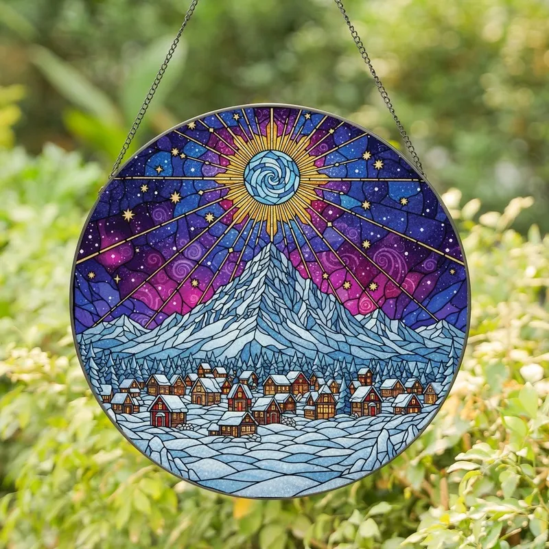 Winter Art Enthusiasts' Vibrant Stained Glass Winter Mountain Village Celestial Cosmic Art Stained Glass Suncatcher - hAYR5Q_IfM