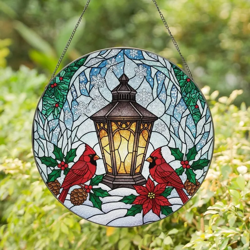 Holiday Art Enthusiasts' Vibrant Stained Glass Glowing Lantern, Red Cardinals, Holly & Poinsettia Mosaic Stained Glass Suncatcher - 1