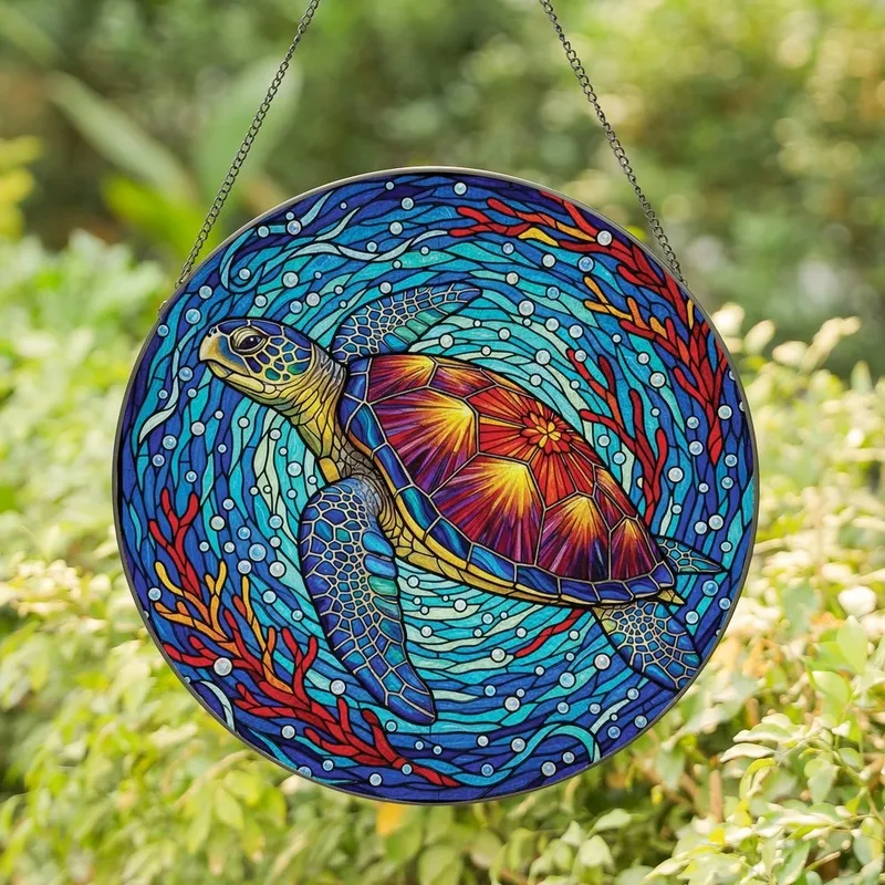 Ocean Lovers' Majestic Jewel-Toned Tiffany Style Stained Glass Sea Turtle Aquatic Mosaic Pattern Stained Glass Suncatcher - 1