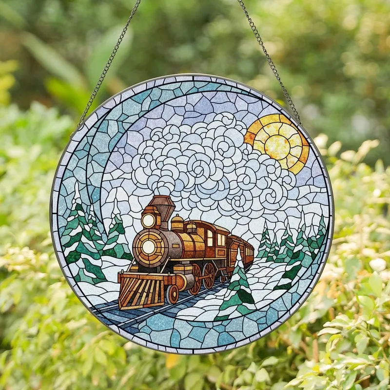 Vintage Train Enthusiasts' Tiffany Style Steam Locomotive Winter Mosaic Amber Blue Stained Glass Suncatcher - 1