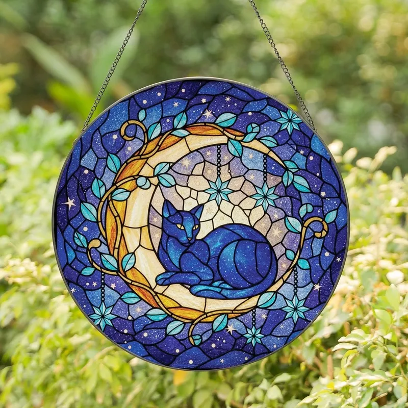 Cat Lovers' Cosmic Stained Glass Cat & Moon, Deep Blue Nebula, Tiffany Style Intricate Detail Stained Glass Suncatcher - 1
