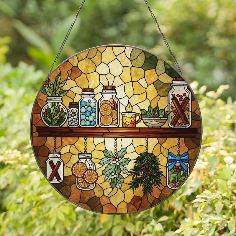 Art Lovers' Detailed Stained Glass Botanical Shelf Mosaic Warm Jewel Tones Art Stained Glass Suncatcher - 1