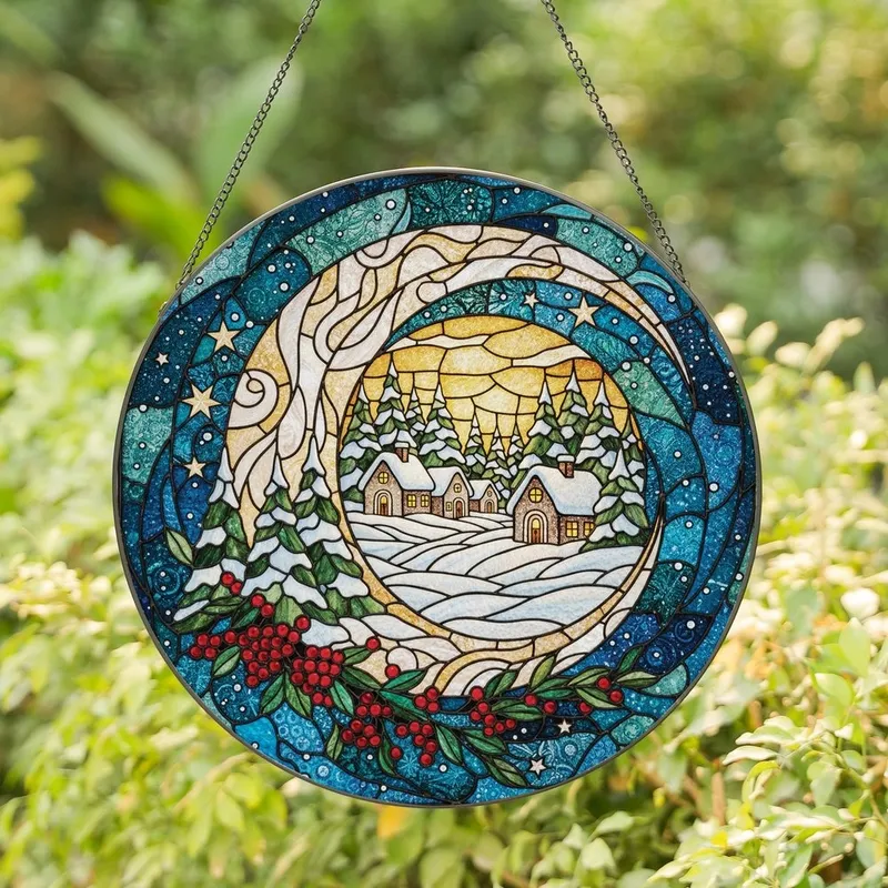 Winter Wonder Enthusiasts' Tiffany Stained Glass Cosmic Moon Village Ruby Teal Amber Pattern Stained Glass Suncatcher - 1