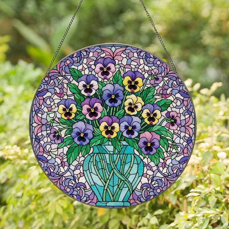 Art Lovers' Vibrant Tiffany-Inspired Stained Glass Pansy Bouquet Mosaic Design Stained Glass Suncatcher - 1