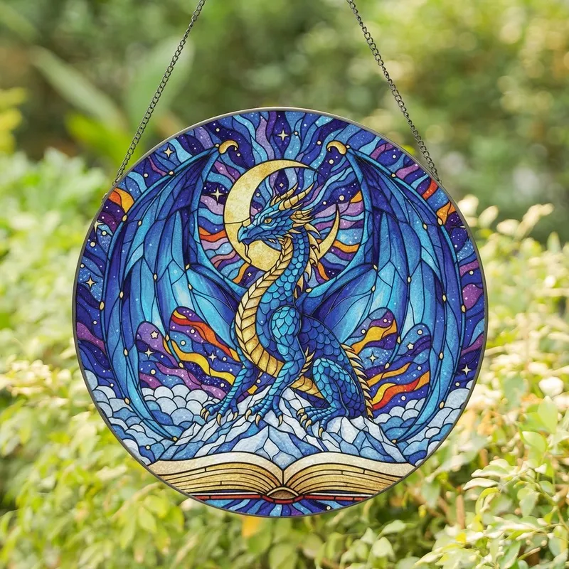 Fantasy Art Lovers' Tiffany Style Stained Glass Blue Dragon Cosmic Night Sky Mosaic Stained Glass Suncatcher - 1