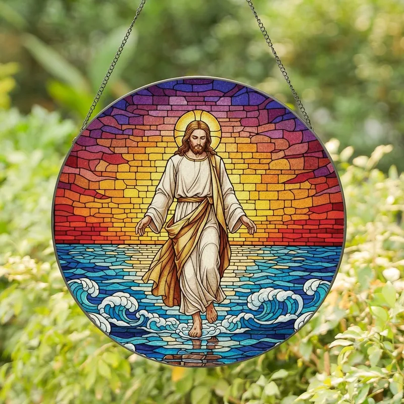 Faithful Art Lovers' Vibrant Tiffany Stained Glass Jesus Walking Water, Deep Blue & Orange Sunset Mosaic Stained Glass Suncatcher - 1