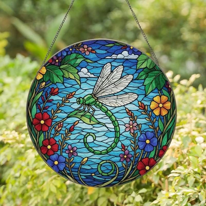Nature Lovers' Intricate Tiffany Stained Glass Emerald Green Dragonfly Floral Mosaic Stained Glass Suncatcher - 7qKZpNMUrP