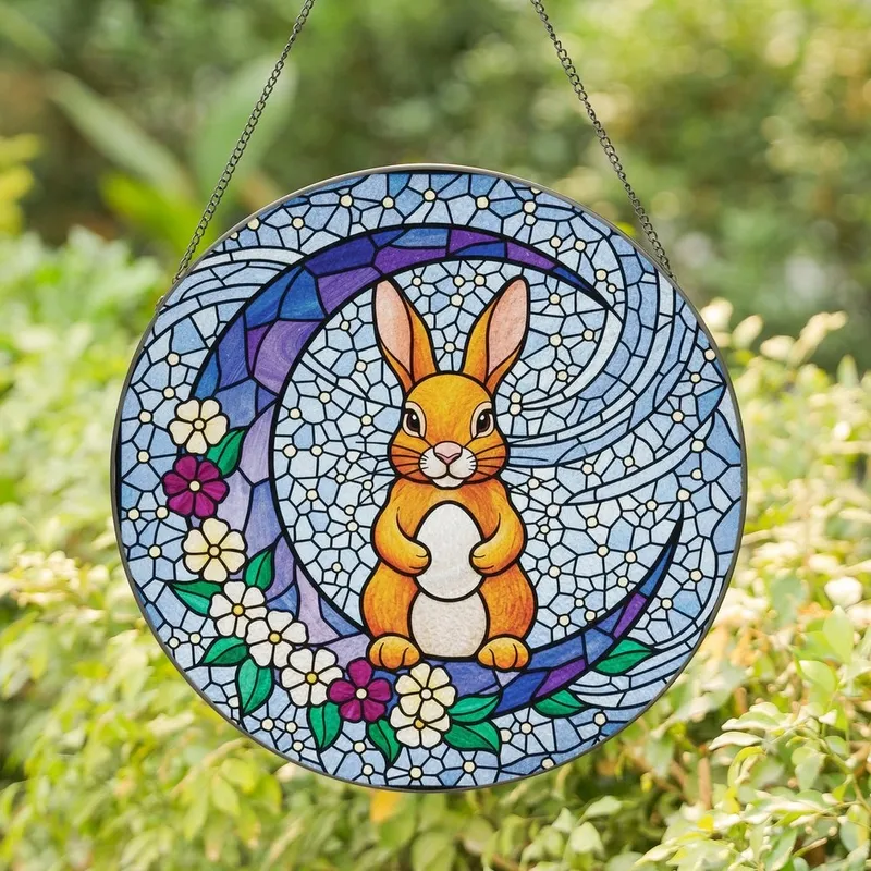 Art Lovers' Tiffany Style Amber Rabbit Crescent Moon Jewel Tone Stained Glass Celestial Floral Mosaic Stained Glass Suncatcher - sXcIoJW6NW