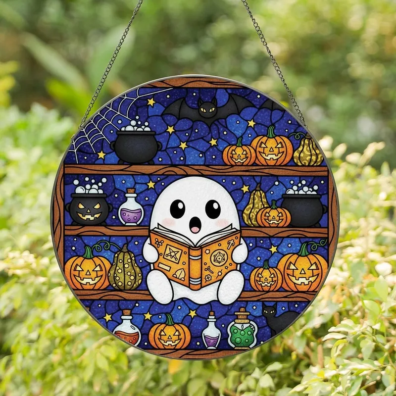 Halloween Art Lovers' Tiffany Stained Glass Ghost Reading Book, Detailed Spooky Bookshelf & Night Sky Jewel Tones Stained Glass Suncatcher - 1