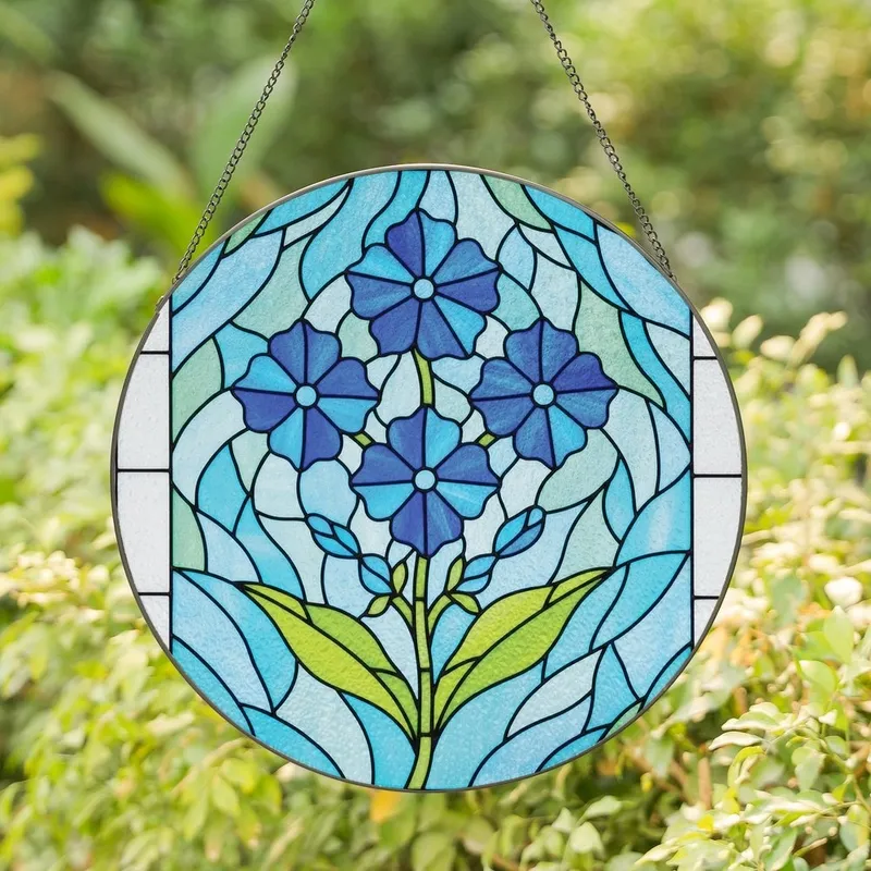 Art Lovers' Tiffany-Style Stained Glass Floral Art with Vibrant Blue Flowers and Luminous Teal Green Mosaic Stained Glass Suncatcher - ebgD31wov2