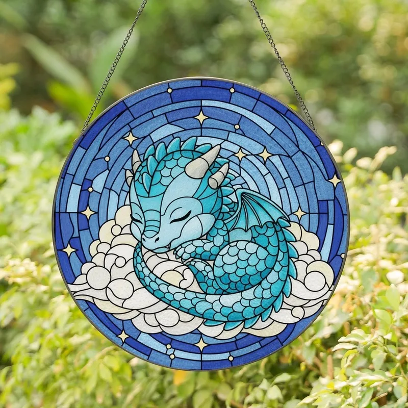 Dragon Lovers' Chibi Sleeping Dragon Stained Glass Art, Ethereal Blue Sky & Stars, Tiffany Style Jewel Tones Stained Glass Suncatcher - M9QI04pJhd