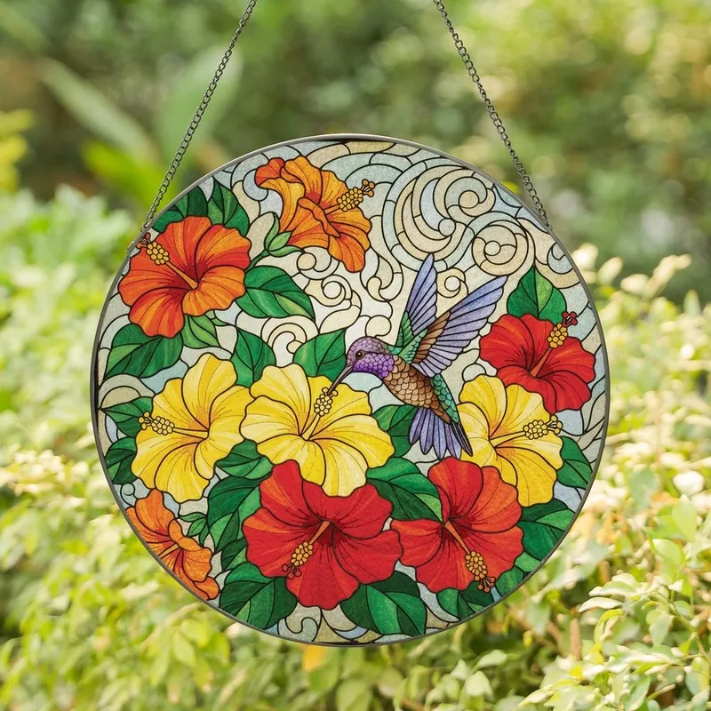Nature Lovers' Vibrant Jewel Tone Hummingbird Hibiscus Stained Glass Tiffany Art Mosaic Stained Glass Suncatcher - 1