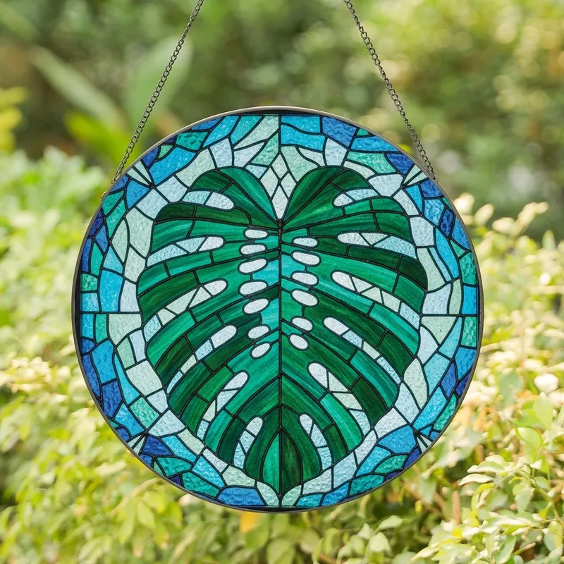 Nature Lovers' Tiffany Style Monstera Leaf Teal Green Aqua Blue Ripple Mosaic Pattern Stained Glass Suncatcher - 1