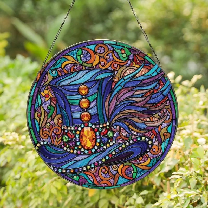 Whimsical Art Lovers' Stained Glass Top Hat Jewel Tone Mosaic & Feather Design Stained Glass Suncatcher - 1