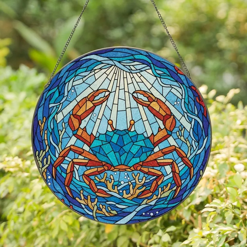 Ocean Lovers' Vibrant Stained Glass Crab Tiffany Style Underwater Mosaic Art in Aqua & Orange Jewel Tones Stained Glass Suncatcher - 1