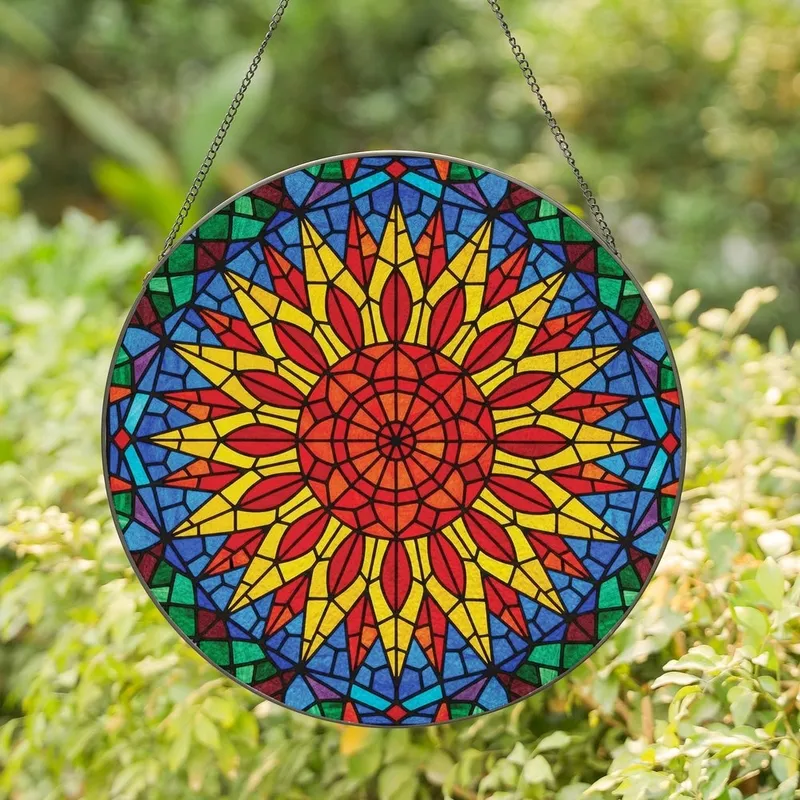 Art Lovers' Radiant Tiffany Stained Glass Sunflower Mosaic Red Orange Yellow Amber Crimson Stained Glass Suncatcher - 1