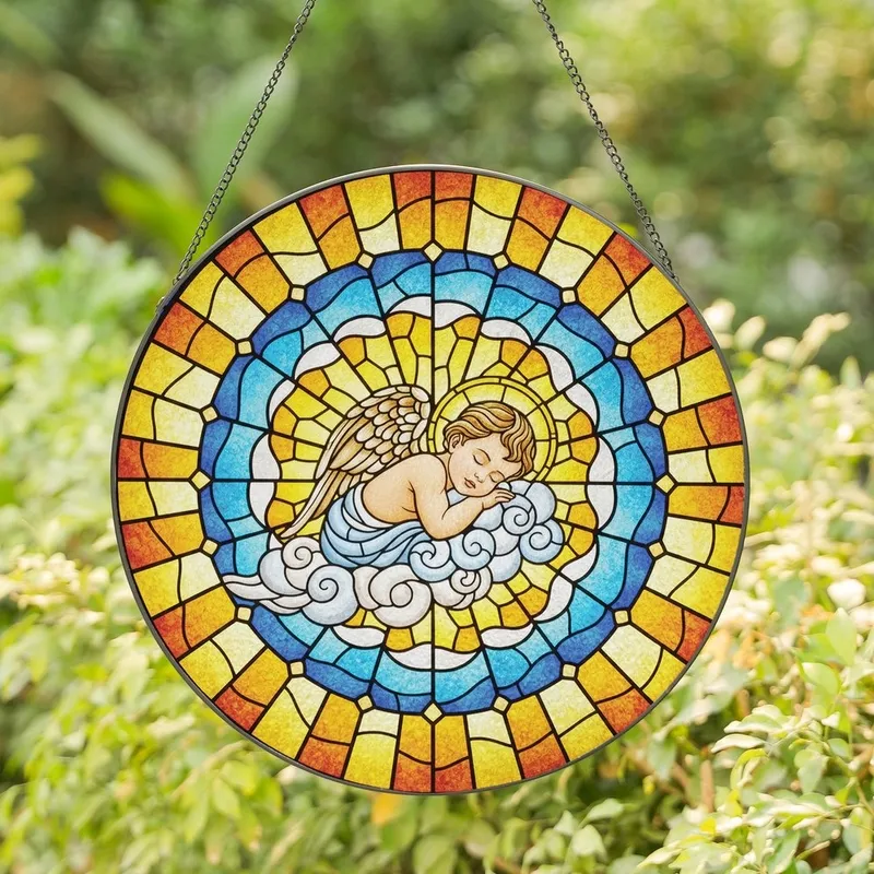 Serene Imagery Enthusiasts' Sleeping Baby Angel Stained Glass Celestial Radial Mosaic Jewel Tones Stained Glass Suncatcher - 1