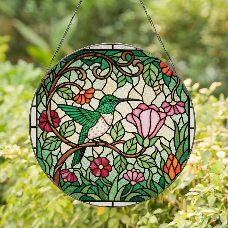 Nature Lovers' Tiffany Glass Hummingbird Emerald Green Pink Ruby Floral Mosaic Stained Glass Suncatcher - 1