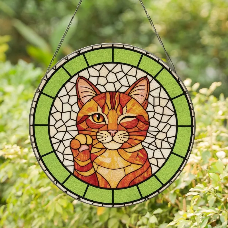 Cat Lovers' Intricate Tiffany Stained Glass Ginger Cat Winking Amber Orange Green Mosaic Stained Glass Suncatcher - 1