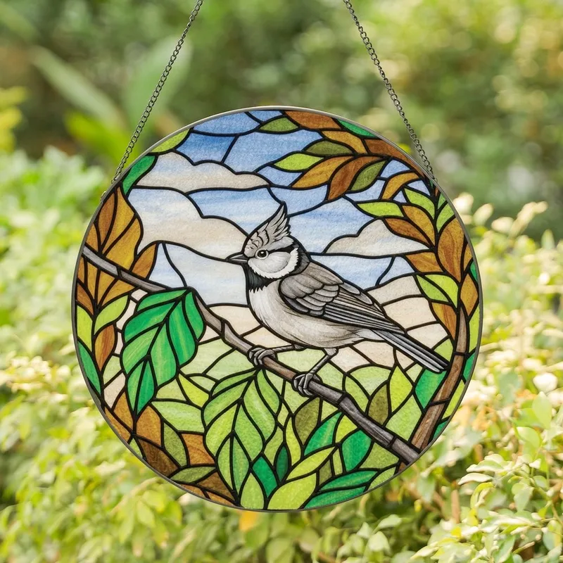 Nature Lovers' Vibrant Tiffany Stained Glass Titmouse Bird Intricate Gray Green Beige Mosaic Art Stained Glass Suncatcher - tz2UbDubNr