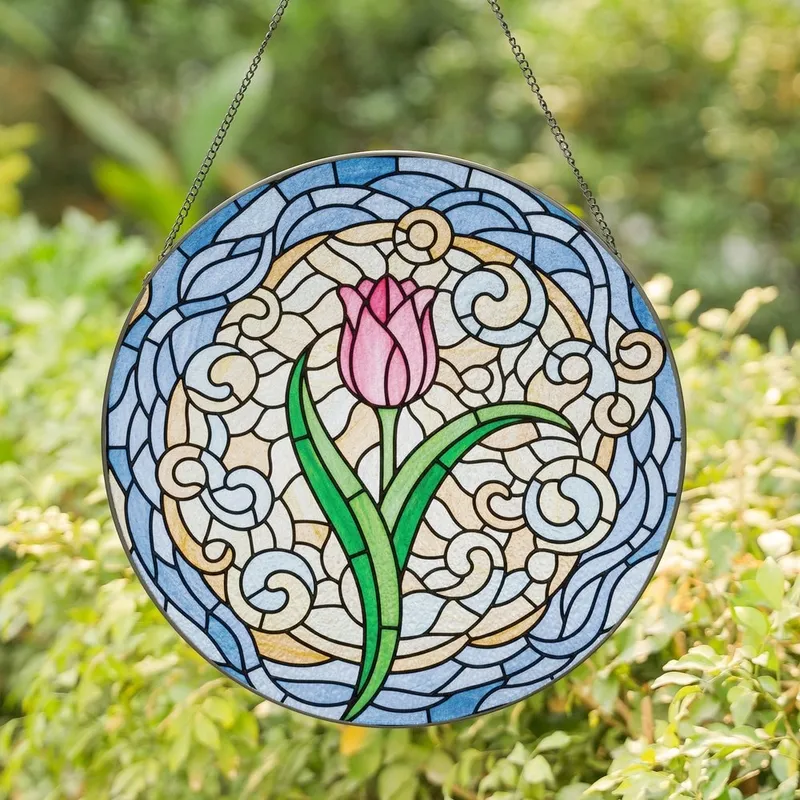 Art Lovers' Tiffany Style Stained Glass Vibrant Pink Tulip Organic Swirl Mosaic Stained Glass Suncatcher - 1