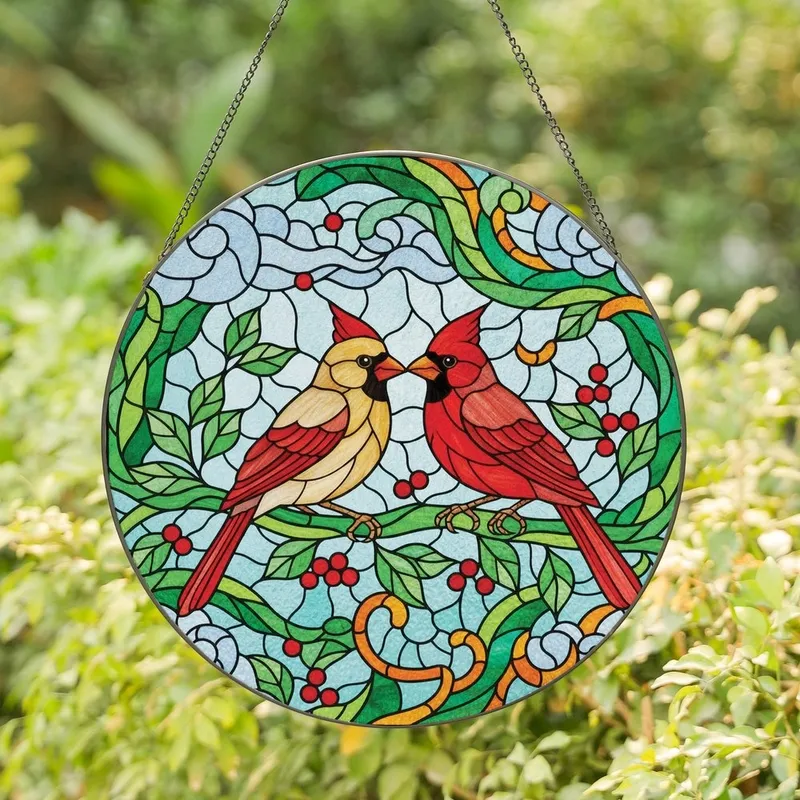 Nature Lovers' Vibrant Stained Glass Ruby Red & Yellow Cardinal Lovebirds Tiffany Style Stained Glass Suncatcher - 1
