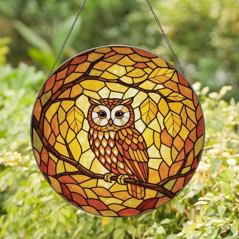 Owl Lovers' Stained Glass Autumn Forest Mosaic Amber Orange Creamy White Design Stained Glass Suncatcher - 1