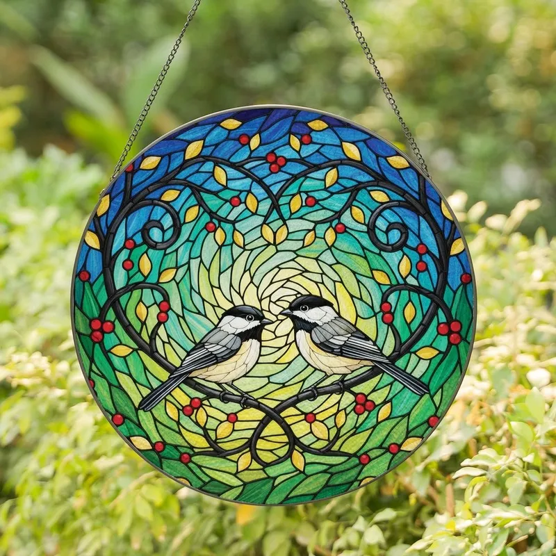 Nature Lovers' Tiffany Stained Glass Chickadee Heart Pattern with Red Berries Amber Leaves Mosaic Stained Glass Suncatcher - 1