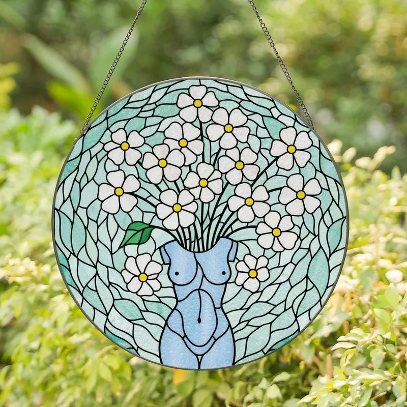 Art Enthusiast Glowing Tiffany Stained Glass Floral Torso Vase Pale Aqua Opal White Emerald Mosaic Stained Glass Suncatcher - 1