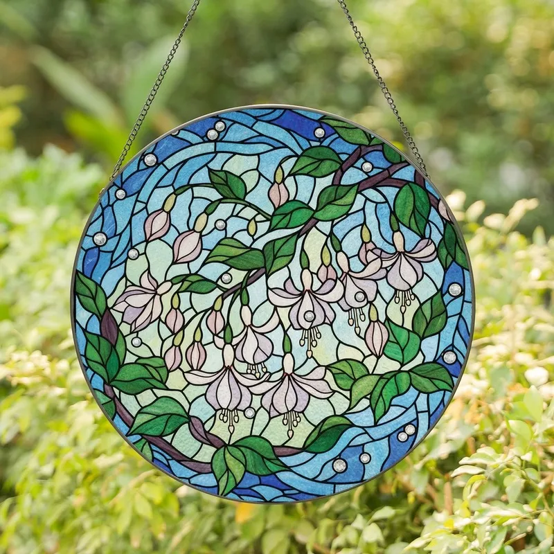 Art Lovers' Tiffany Stained Glass Fuchsia Bloom Cascading Jewel Tone Mosaic, Blue Green Violet Pattern Stained Glass Suncatcher - 1