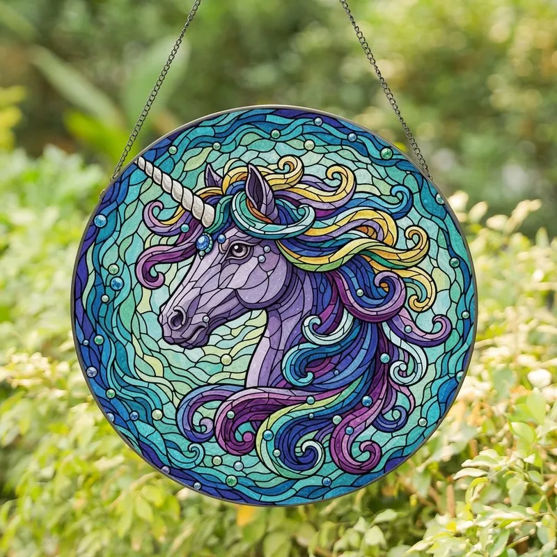 Fantasy Art Lovers' Tiffany Style Stained Glass Majestic Unicorn Head Jewel Tone Mosaic Art Stained Glass Suncatcher - 1