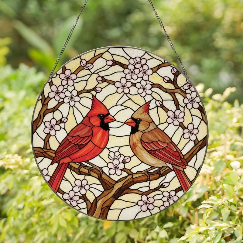 Nature Lovers' Vibrant Tiffany Stained Glass Cardinal Birds Cherry Blossoms Intricate Pattern Stained Glass Suncatcher - 1