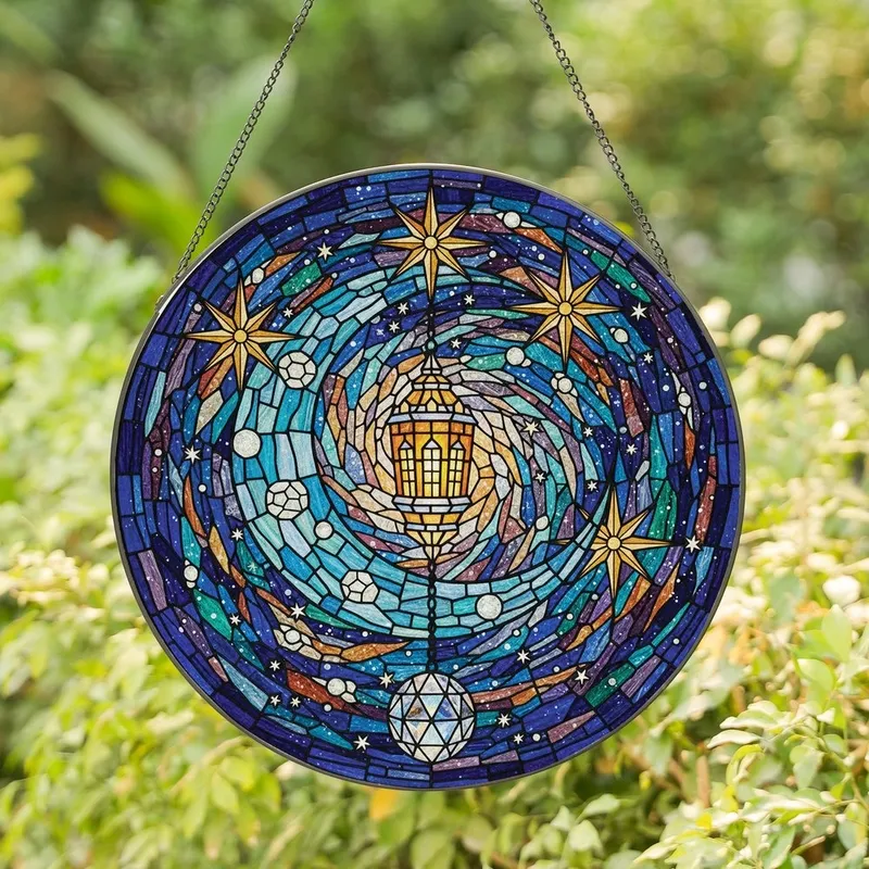 Celestial Art Lovers' Tiffany Style Stained Glass Crescent Moon Lantern Celestial Mosaic Jewel Tones Stained Glass Suncatcher - 1