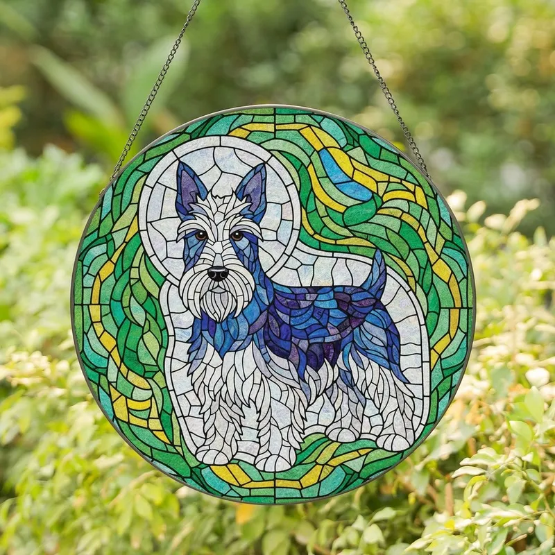 Scottish Terrier Lovers' Tiffany Stained Glass Mosaic Iridescent White Blue Purple Emerald Green Yellow Pattern Stained Glass Suncatcher - 1