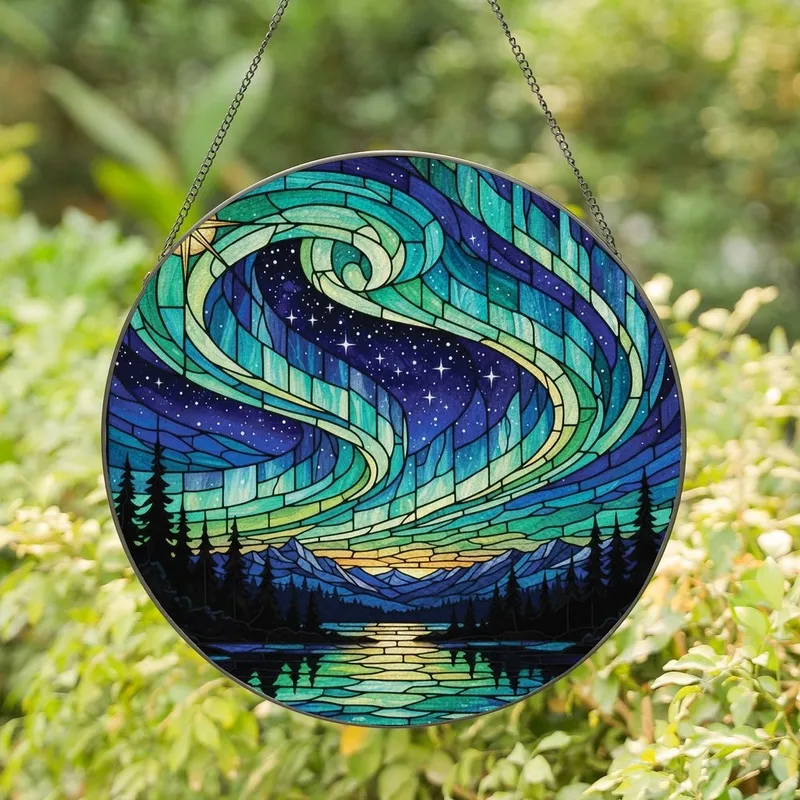 Stargazers' Jewel Tone Tiffany Glass Aurora Borealis Night Sky, Guiding Star Mosaic Stained Glass Suncatcher - 1