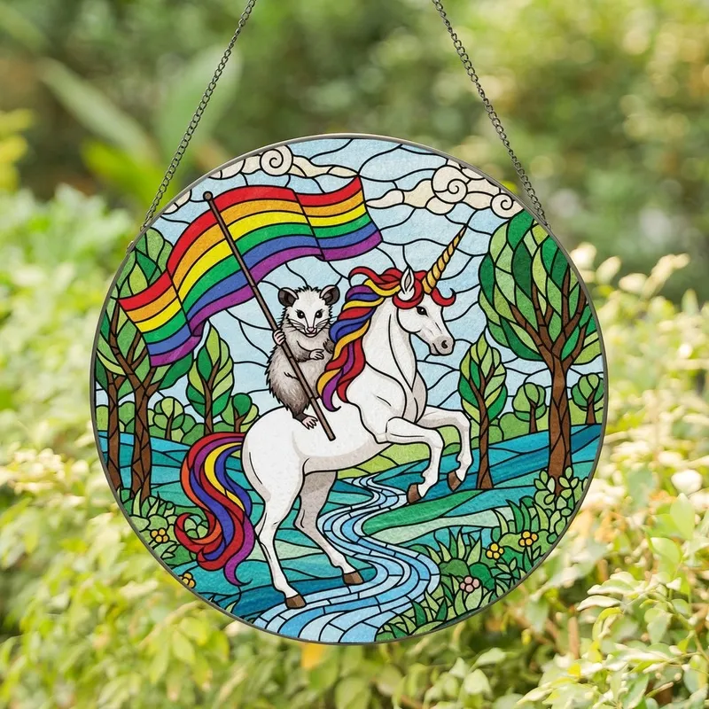 Fantasy Animal Lovers' Stained Glass Tiffany Style Opossum Unicorn Rainbow Banner Landscape Mosaic Stained Glass Suncatcher - XgCb5nD_qS