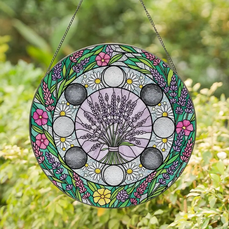 Nature Lovers' Vibrant Stained Glass Lavender Purple Moon Wildflower Botanical Mosaic Stained Glass Suncatcher - 1