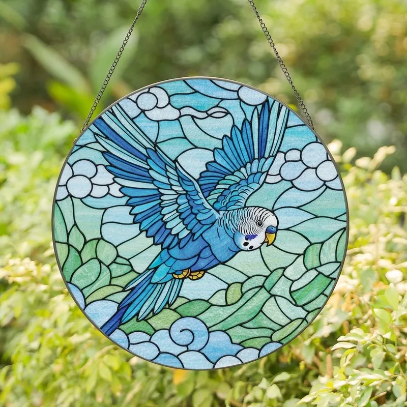 Bird Lovers' Intricate Glowing Blue Teal Stained Glass Budgerigar Flight Mosaic Stained Glass Suncatcher - 1