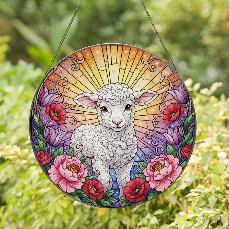 Whimsical Art Lovers' Tiffany Style Stained Glass Lamb Floral Mosaic Radiant Jewel Tone Sky Stained Glass Suncatcher - 1