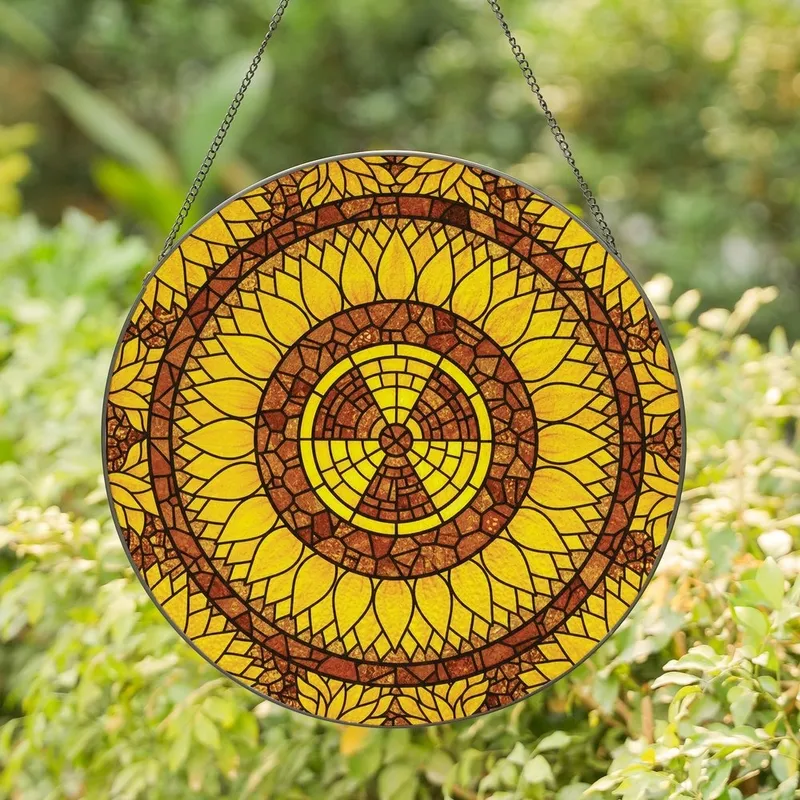 Statement Style Aficionados' Intricate Yellow Amber Brown Tiffany Glass Trefoil Sunflower Mosaic Art Stained Glass Suncatcher - 1