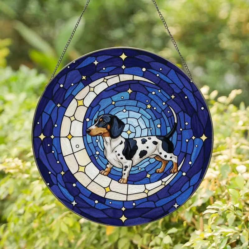 Dachshund Lovers' Tri-Color Dachshund Stained Glass Cosmic Moon Deep Blue Yellow Jewel Tones Edge-to-Edge Stained Glass Suncatcher - IPCx2isP1W