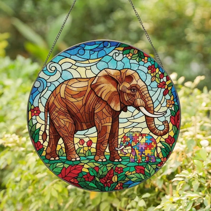 Elephant Lovers' Detailed Stained Glass Elephant Jigsaw Baby Mosaic Art Jewel Tones Stained Glass Suncatcher - 1