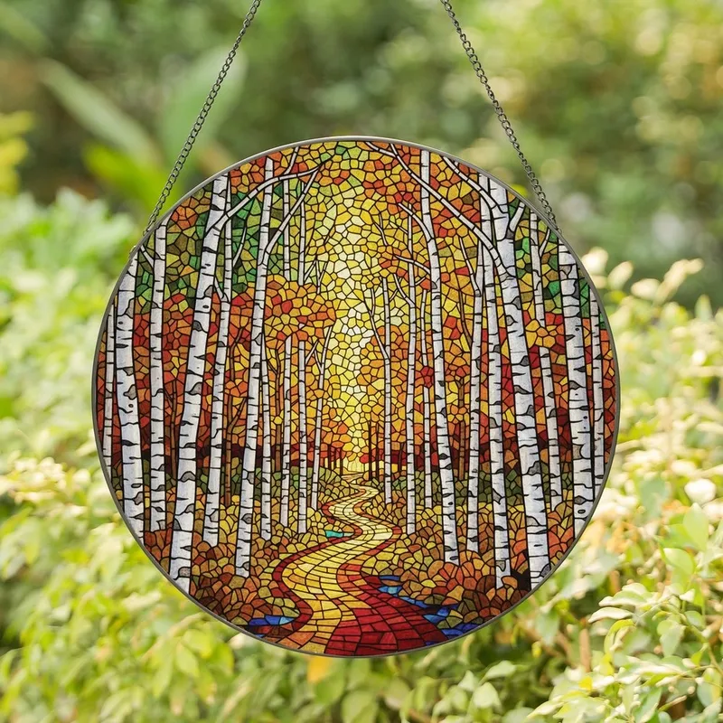 Nature Lovers' Tiffany Stained Glass Autumn Birch Forest Path Jewel Tone Intricate Pattern Stained Glass Suncatcher - 1