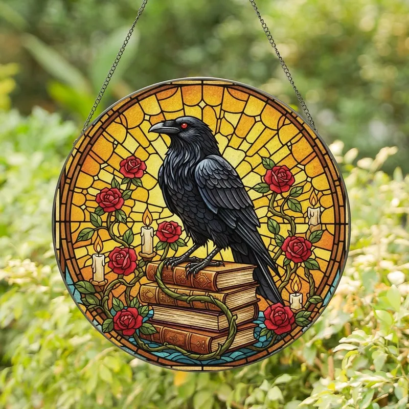 Art Lovers' Intricate Tiffany Stained Glass Black Raven Bookshelf Red Rose Gold Yellow Mosaic Stained Glass Suncatcher - 1