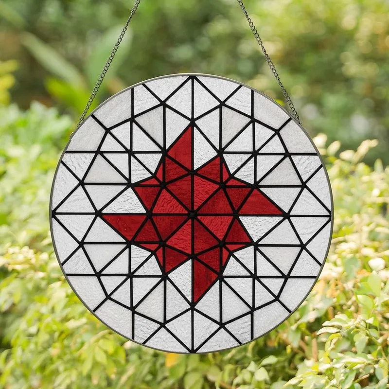 Art Lovers' Intricate Ruby Red Stained Glass Geometric Faceted Star Mosaic Stained Glass Suncatcher - Cd42V2sOo2